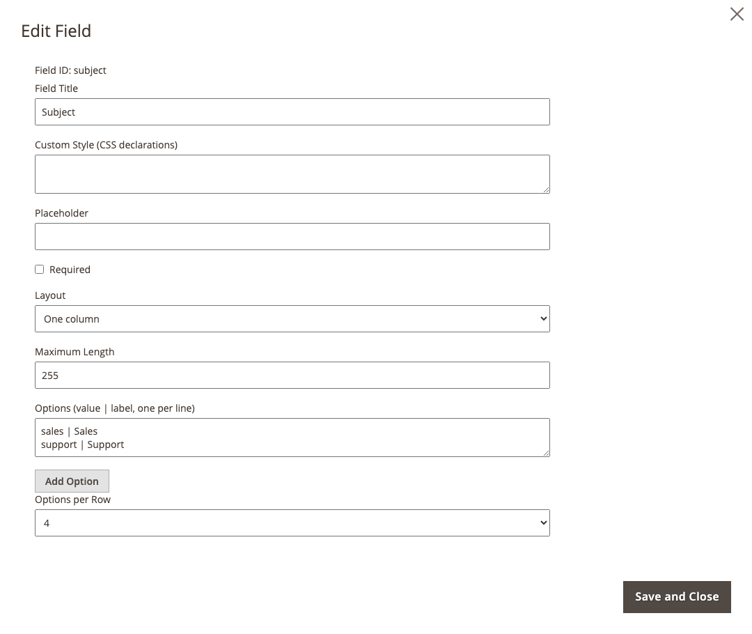 Dropdown field editor with label, layout, and options