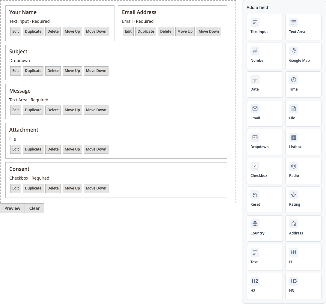 Form creator with configured fields and the icon palette