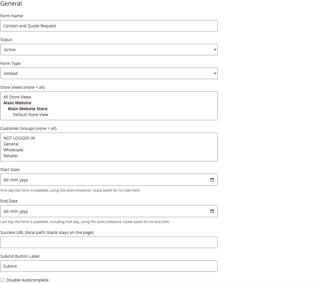 General form settings including availability dates