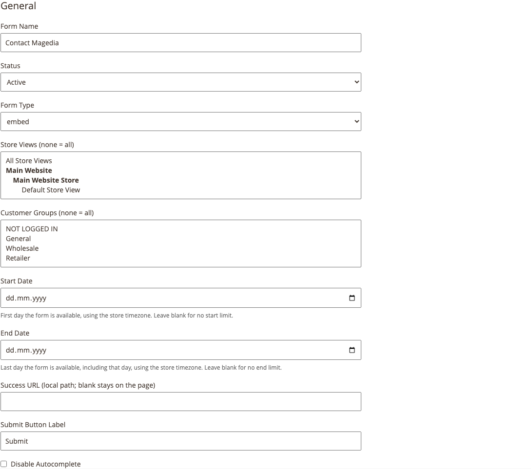 General form settings including availability dates