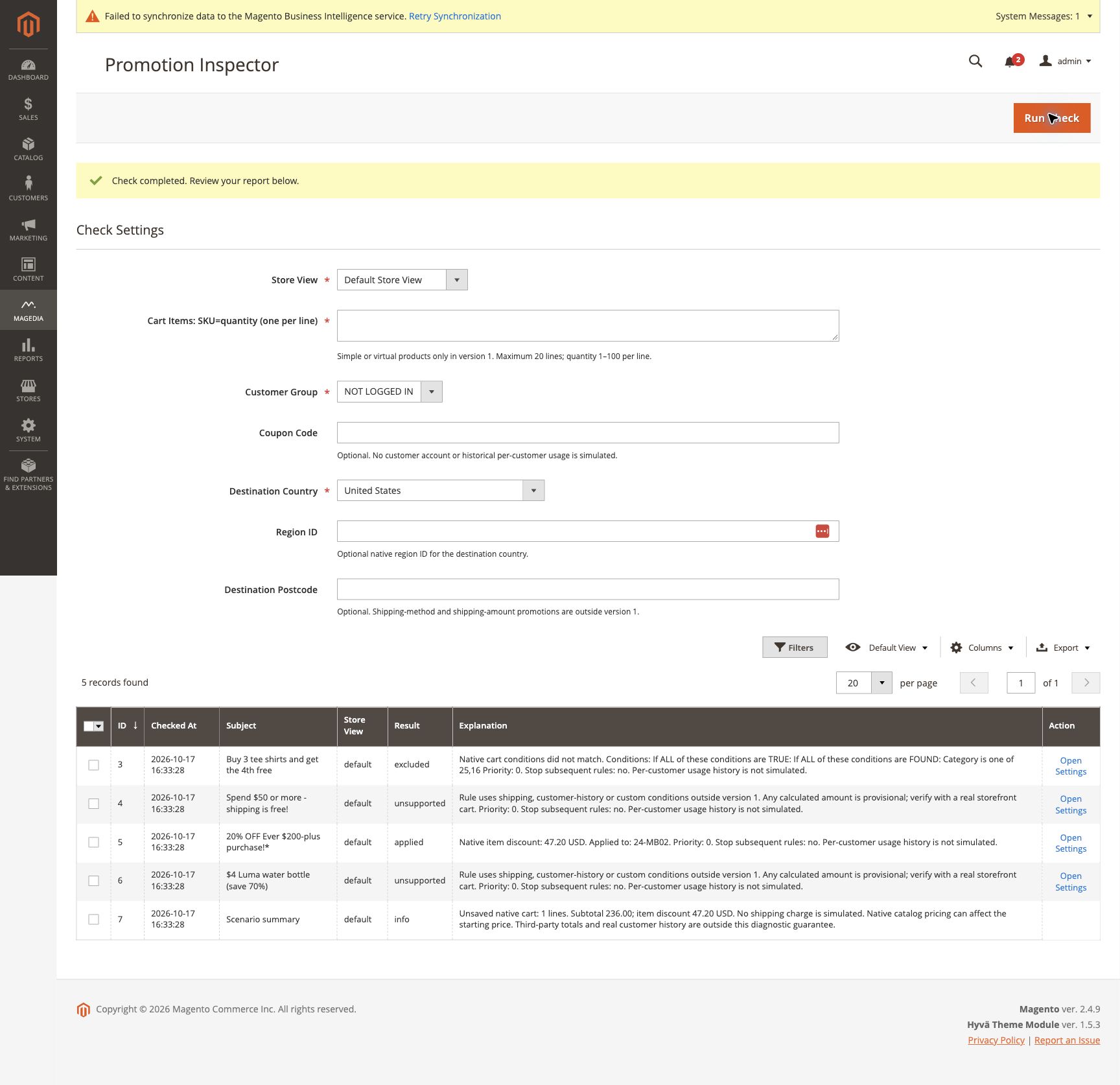 Native Magento Admin report